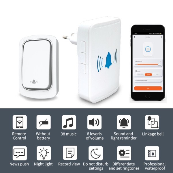 Smart Dörrklocka Wifi Trådlös Ring Dörrklocka Självdriven Knapp Vattentät Klockspel Smart liv
