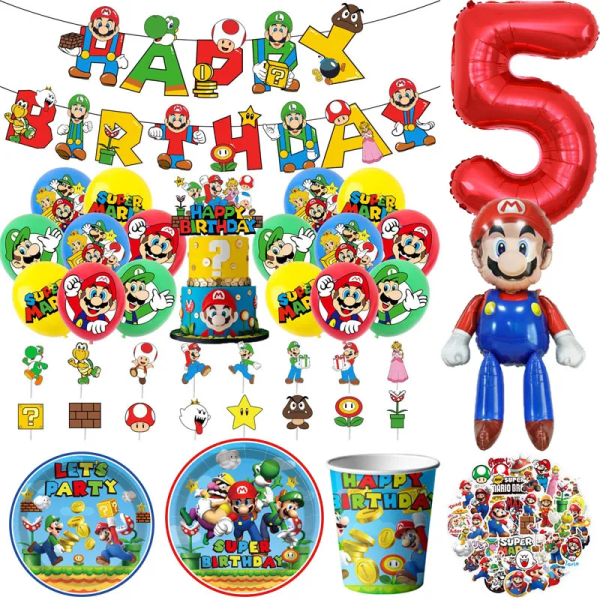 Super Mario Spel Födelsedag Fest Dekoration Barn Dusch Folie Latex Ballonger Engångsservis Bakgrund