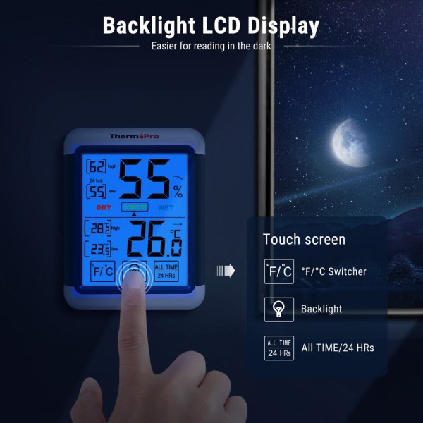 Inomhus Digital Termometer Hygrometer Pekskärm Bakgrundsbelysning Fuktighet Temperatur Sensor