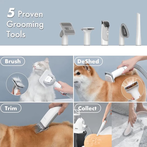 Hunde Grooming Kit Hunde Clippers Støvsuger Sug 99% Hår,Ppet Grooming med 5 Prøvde Grooming Værktøjer