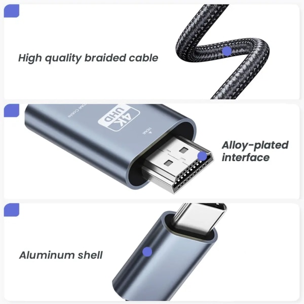 USB C til HDMI kabel 4K 30Hz 6.6 FT Ultra High Definition USB Type C HDMI konverter for hjemme kontor