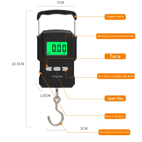 Ammattimainen Digitaalinen vaaka Ladattava LCD 75kg 10g matkalaukku vaaka riippuva koukku kalastus vaaka mittanauhalla