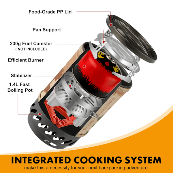 1,4L Backpacking Spis Camping Propan Matlagning Utrustning Portable Camp Brännare System med Stativ Kanna Stöd
