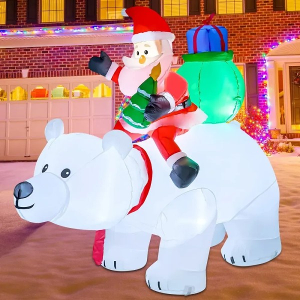 Uppblåsbar Jultomte Ridning A Shaking Polar Bear Jul Dekoration Utomhus med Roterande LED