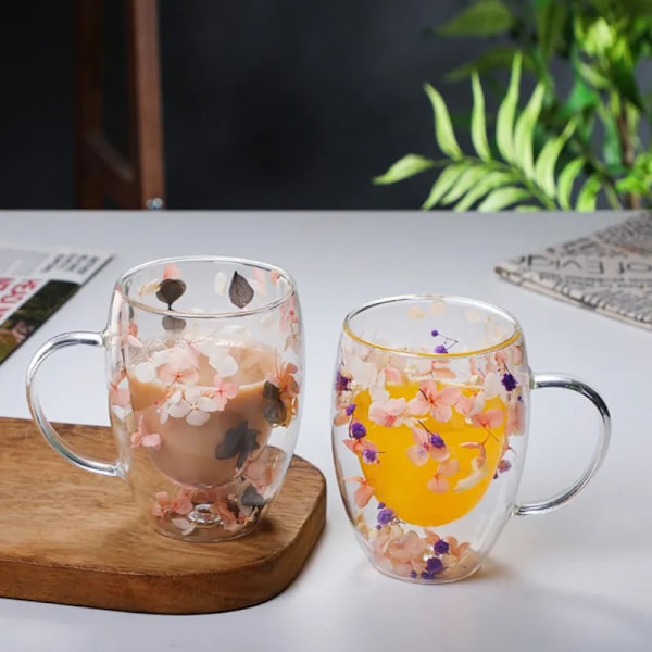 Creative Dubbel Vägg Kaffe Mugg Riktig Torkad Blomma Filler Glas Muggar Jul presenter