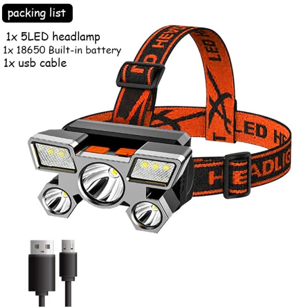 Usb Oppladbart Innebygget Batteri 5 Led Strong Hovedlykt Super Lysst Hodemontert Lommelykt