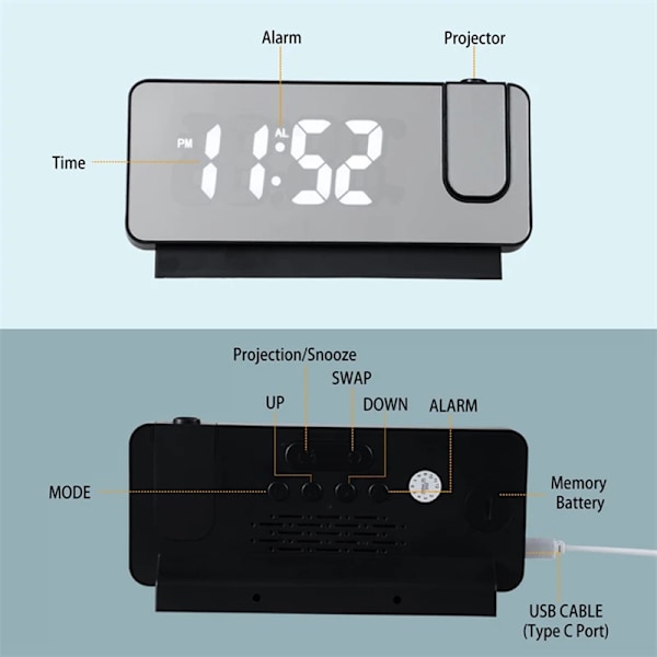 Bästa kvalitet Projektion Varm Klocka för sovrum LED Digital Klocka Projektion på tak Vägg Laddbar Tid Temperatur Display Snooze