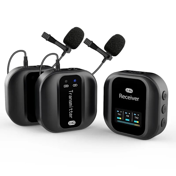 Trådlös Lavalier mikrofon 2,4GHz Dual Channel Trådlös Lapel Mic med brusreducering för DSLR kameror videokameror telefoner