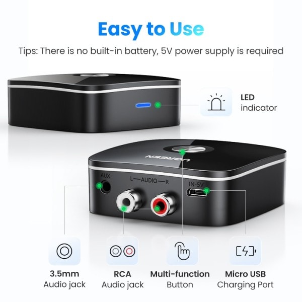 Bluetooth RCA vastaanotin 5.1 aptX HD 3.5mm Jack Aux langaton sovitin musiikki TV auto 2RCA