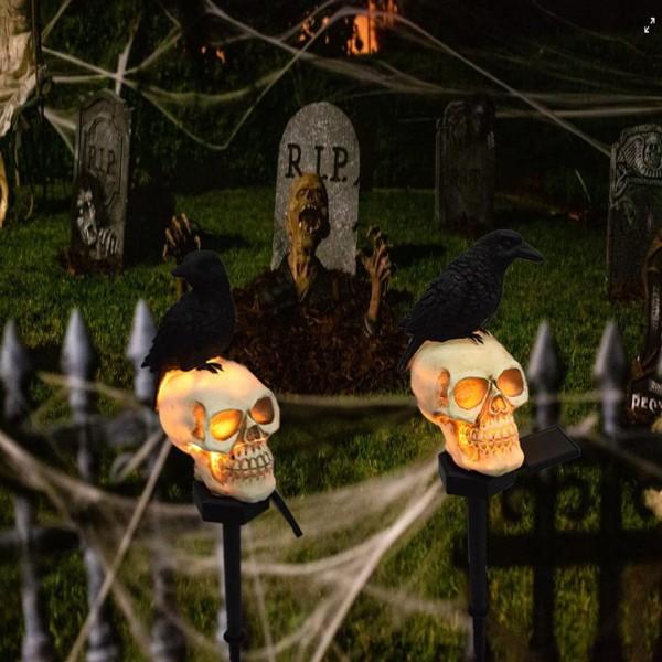 Halloween Udendørs Lys Vandtæt Solar Kranium Have Stak Lys Ravn Skelet Hoved Dekoration