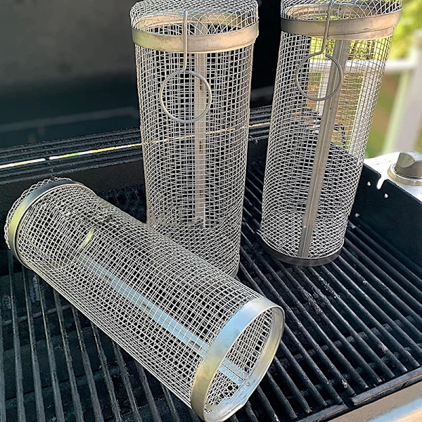 BBQ kurv rustfrit stål rullende grill kurv tråd net cylinder grill kurv