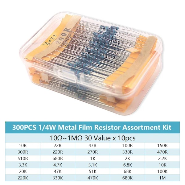 300 stykker  30Værdier 1/4W Metal Film modstand kit med boks 10Ohm ~1M modstand 1% sæt modstande