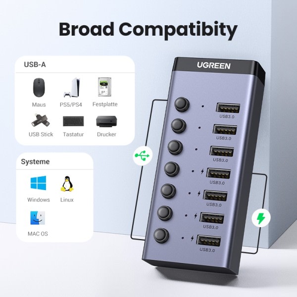 USB C Hub 5Gbps 7 Porter USB3.0 Splitter med Individual OFF/ON Switch LED Indicator  for PC Baptop MacBook Pro/Air