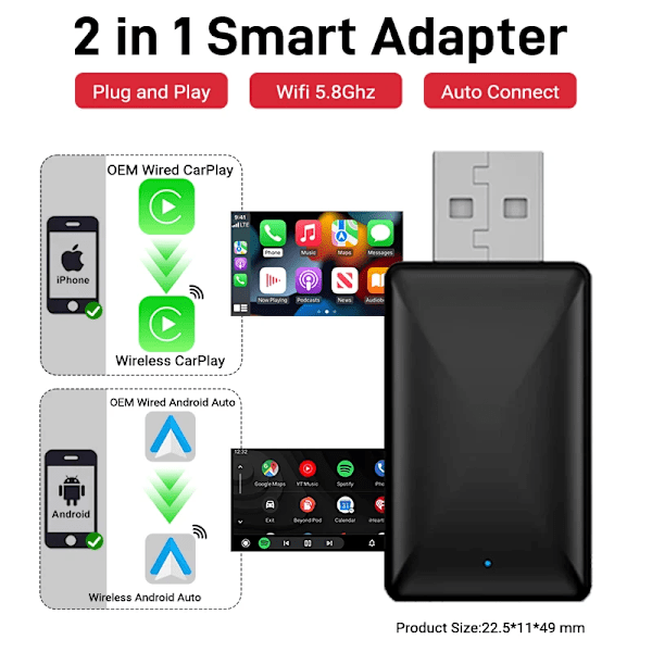 Kablet til Wireless CarPlay 2 in1 Mini Adapter Android Auto Smart Box Plug and Play