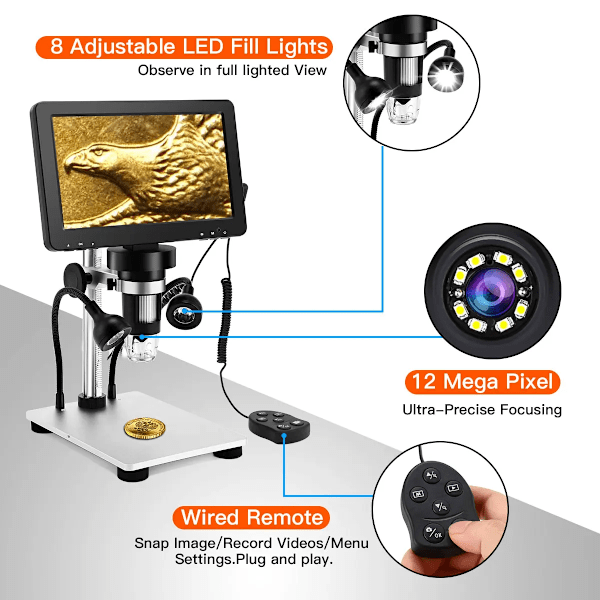 DM9 7" LCD Digital Mikroskop Kamera 1200x Forstørrelse Mikroskopi Video opptaker