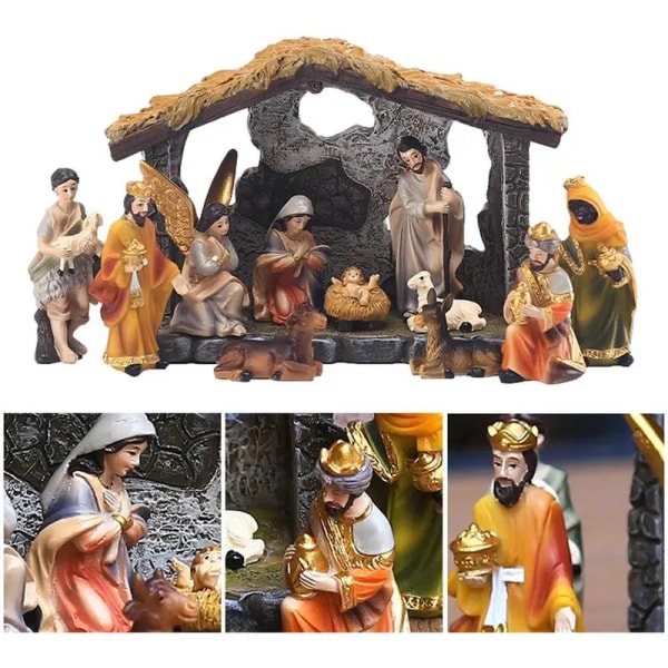 12 bitar Jul Krubba Krubba Set Real Life Födelsekyrka Jesus Krubba Jul Kubba Ornament