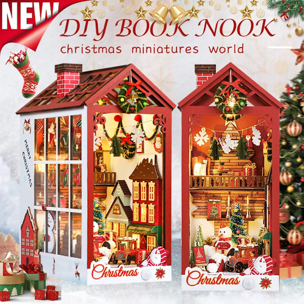 Jul Dukkehus Kit 3D Træ Puslespil Med Sensor Lys Støv cover Booknook Bogreol