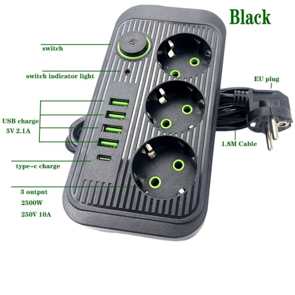 Elektrisk Socket Med 3 USB Lading For Telefoner 1,8M Forlenger ledning Socket