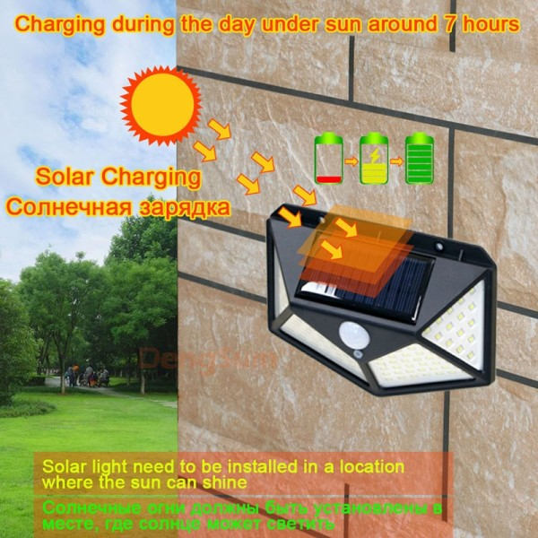 4 sidor 100 lysdioder 3 lägen glöd PIR rörelsesensor sol vägg ljus
