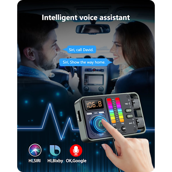 Bluetooth 5.3 Bil FM Sändare Hi-Fi Diskant & Bas Musik spelare