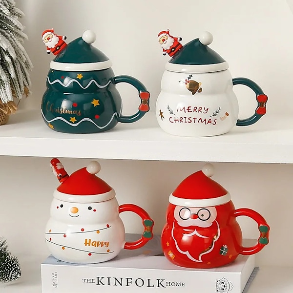 Jul keramikk krus med gave boks drikkekopp med lokk skje drikkevarer kaffe krus jule pynt