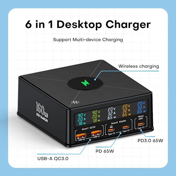 160W 5 porter USB lader Staion 15W Trådløs lading