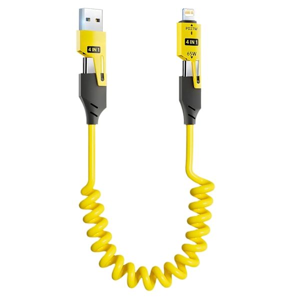 4 in 1 65W Fjäder Kort Data kabel 6A USB Typ C  Fjäder USB kabel för iphone