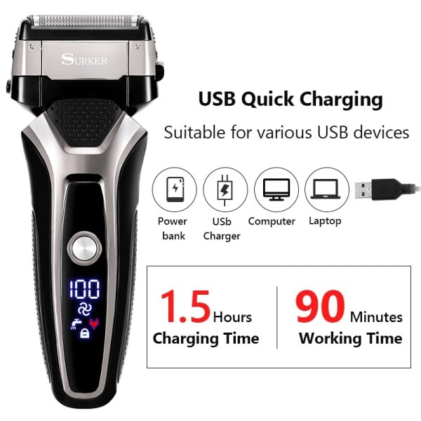 USB genopladelig elektrisk barbermaskine rustfrit stål barbering maskine til mænd 3D tredobbelt flydende blad barberkniv