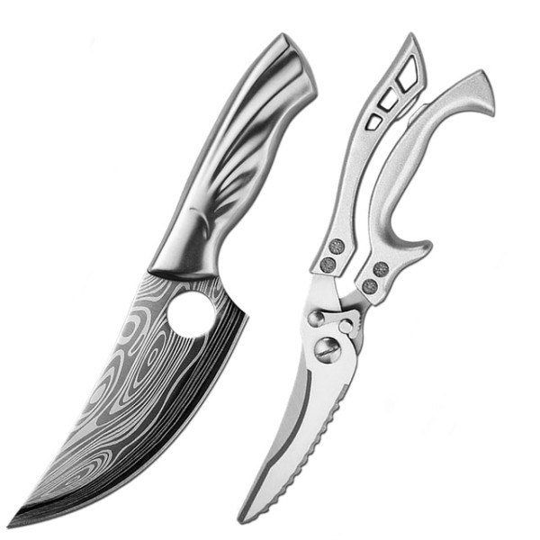 Mönster Rostfritt Stål Utbening Kniv Slaktare Kniv Kött Klyver Utomhus Jakt Kniv Kök Sax