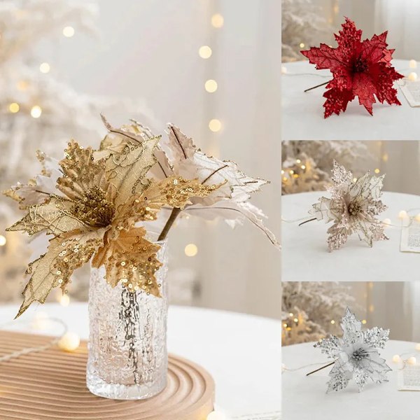 Glitter kunstig jule blomster jule træ pynt hjem falske blomster jule pynt