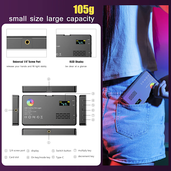 RGB LED Kamera Ljus Full Färg Utgång Video Lampa Kit Dimbar 2500K-8500K Bi-Color Panel Ljus