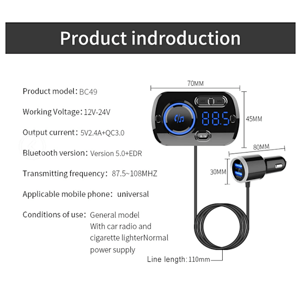 Bluetooth 5.0 FM Modulator Sender 2.4A USB Bil Oplader Håndfri Bil Kit Trådløs Aux Audio FM Sender