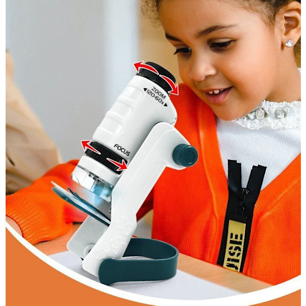 Barn vetenskap experiment ficka mikroskop leksak kit 60-120x pedagogisk mini handhållen mikroskop med ljus