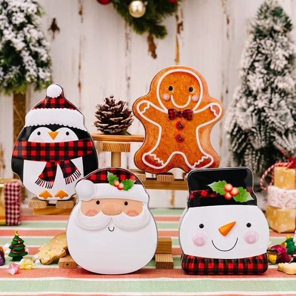 Jul dekoration tillbehör pepparkakor man kex låda tomten godis ask tecknad snögubbe plåt låda
