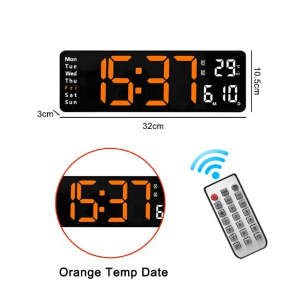 LED Digital Væg Ur Væg monteret Fjernbetjening Kontrol Temperatur Dato Uge Skærm Timer Dobbelt Alarm Ur