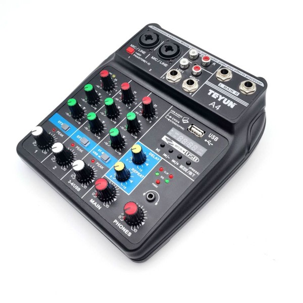 A4 Ljud Mixing Konsoll Bluetooth USB Record Dator 48V Phantom Power Delay Repaeat Effect 4 Channels USB Audio Mixer