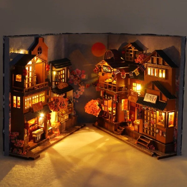 Miniature bogstøtte træ bog krog hylde indsats kit eventyr fortælling by skov hus