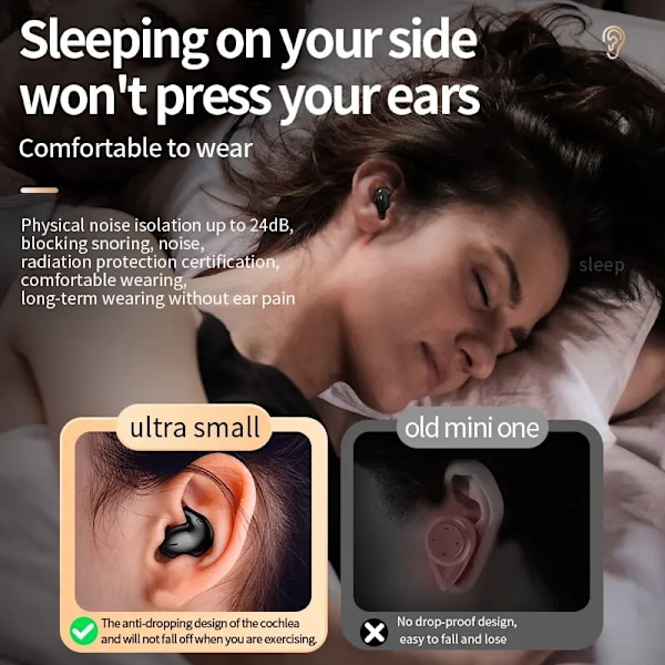 Näkymätön Sleep Langaton Kuulokkeet TWS Bluetooth 5.3 Kuulokkeet Piilotetut nappikuulokkeet IPX5 Vedenpitävä melu Vaimennus Urheilu kuulokkeet