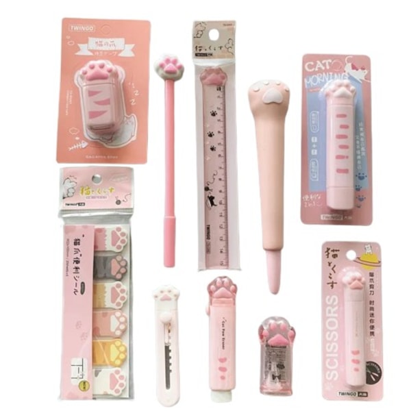 Barn Flicka Rosa Katt Paw Skrivpapper Set Gel Penna Korrektion Tejp Memo kuddar Radergummi Kniv Set