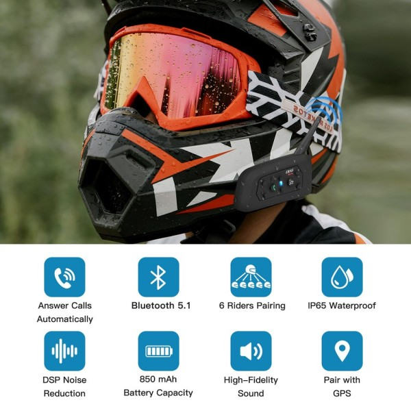Motorcykel Bluetooth Hjälm Intercom Headset 1200M Intertelefon för 6 förare Vattentät Musik spelare
