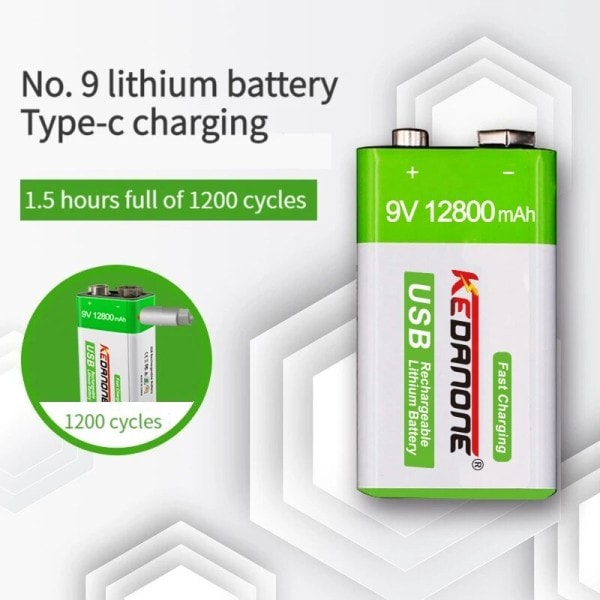 9V uppladdningsbart batteri 12800mAh 6F22 Mikro USB 9v Li-ion litium batterier för multimeter mikrofon leksak