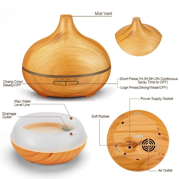 550ml fjärrkontroll ultraljud trä olja eterisk diffusor luftfuktare aroma dimma diffusor med atmosfär LED ljus