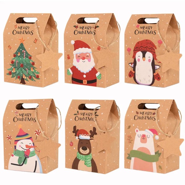 6 stykker god jul godteri gave eske med tag kraft papir cookies gave pakning poser