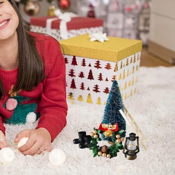 Mini Elf Set Jul Trä Miniatyr Dockhus Dekoration Tillbehör Paket 5 trappor träd