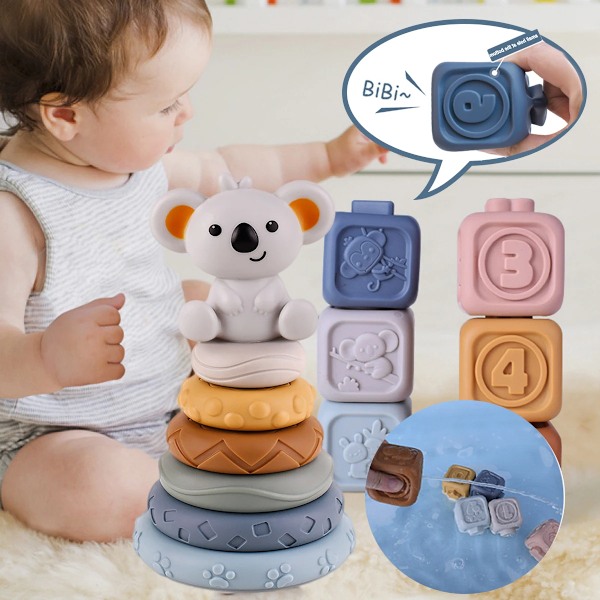 Baby Silicon Byggklossar Montessori leksaker för bebisar Squeeze Stacker & Bandsjukdomar leksaker