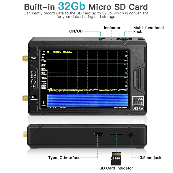 Håndholdt Tiny Spectrum Analyzer ULTRA 100k-5,3GHz RF Signal Generator med 4tommers skjerm