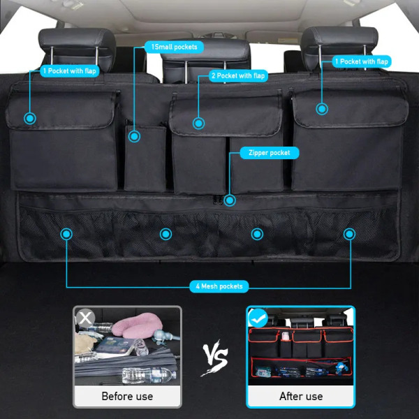 Multi-Pocket Bil Koffert Arrangör Hängande Rygg Säte Förvaring Väska med 10 fickor Vattentät Oxford Kläd Universell Förvaring Ficka