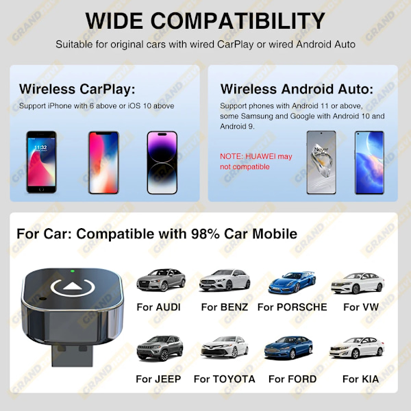 2i1 Kablet til Trådløs CarPlay Android Auto Adapter