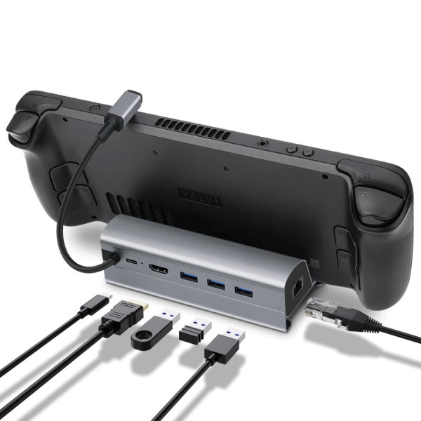 Dockningsstation Kompatibel med Steam Däck 6-i-1 Steam Däck Dock med HDMI 4K@60Hz Gigabit Ethernet 3 USB-A 3.0 Laddning USB-C