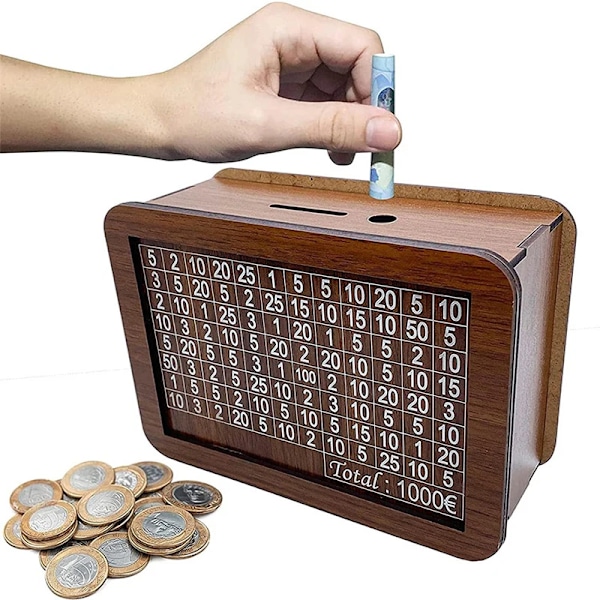 Trä Piggy Bank  Återanvändbar Handgjord Pengar Låda  Piggy Bank med Spara Mål och Siffror Att Kontrollera